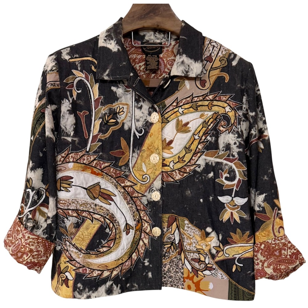 Allure Women XL Tie Dye Denim Paisley Embroidered Patchwork Jacket Boho Chic Art